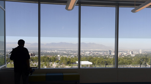 Al Hartmann  |  The Salt Lake Tribune
Waiting areas outside the clinic areas are bathed in natural light with great views of Salt Lake City to the west in the new Eccles Primary Children's Outpatient Services building.  The new building is just west of the hospital's main campus and will open in October. The building will provide new space for physicians, and better access for patients and families to Primary Children's Hospital clinics. A public open house is planned Monday, Sept. 15, from 3 p.m. to 8 p.m.