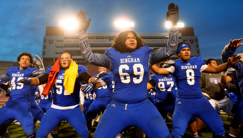 Steve Griffin  |  The Salt Lake Tribune


Bingham players perform the Haka after they defeated Brighton for the 5A championship at Rice Eccles Stadium in Salt Lake City, Utah Friday, November 22, 2013.