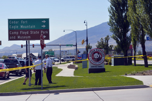 Chris Detrick  |  The Salt Lake Tribune
The scene outside of a Panda Express in Saratoga Springs Wednesday September 10, 2014.  A male -- who reportedly was seen wielding a samurai sword -- was shot and killed by police in Saratoga Springs on Wednesday morning.
