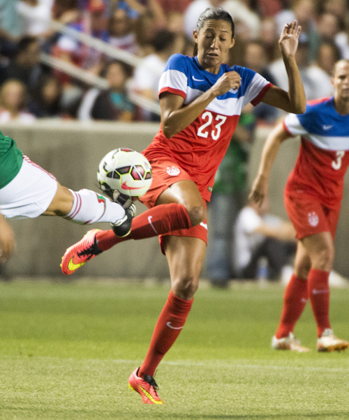 Rick Egan  |  The Salt Lake Tribune

Christen Press (23) tries to stop a kick for the U.S. Women's team, in Soccer action, U.S. Women's National Team, vs. Mexico, Saturday, September 13, 2014