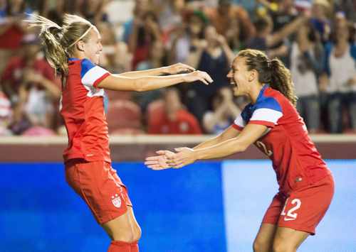 Rick Egan  |  The Salt Lake Tribune

Whitney Engen (6) celebrates a goal for the U.S. Women's team with Lauren Holiday (12), in Soccer action, U.S. Women's National Team, vs. Mexico, Saturday, September 13, 2014