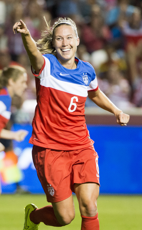 Rick Egan  |  The Salt Lake Tribune

Whitney Engen (6) celebrates a goal for the U.S. Women's team, in Soccer action, U.S. Women's National Team, vs. Mexico, Saturday, September 13, 2014