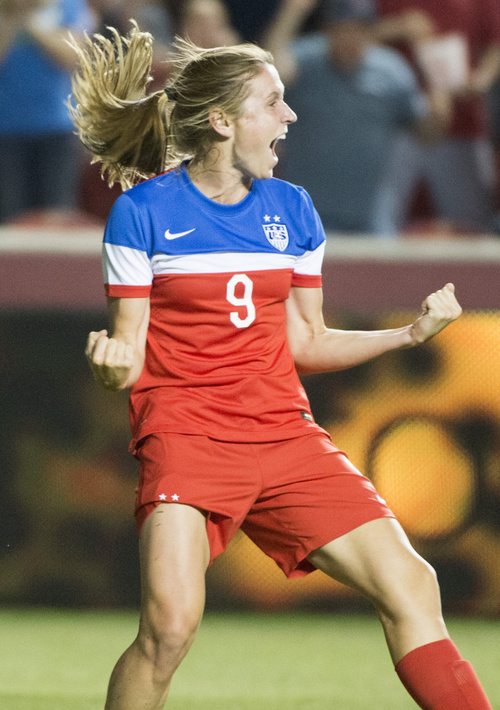 Rick Egan  |  The Salt Lake Tribune

Heather O'Reilly (9) celebrates a goal for the U.S. Women's team, in Soccer action, U.S. Women's National Team, vs. Mexico, Saturday, September 13, 2014