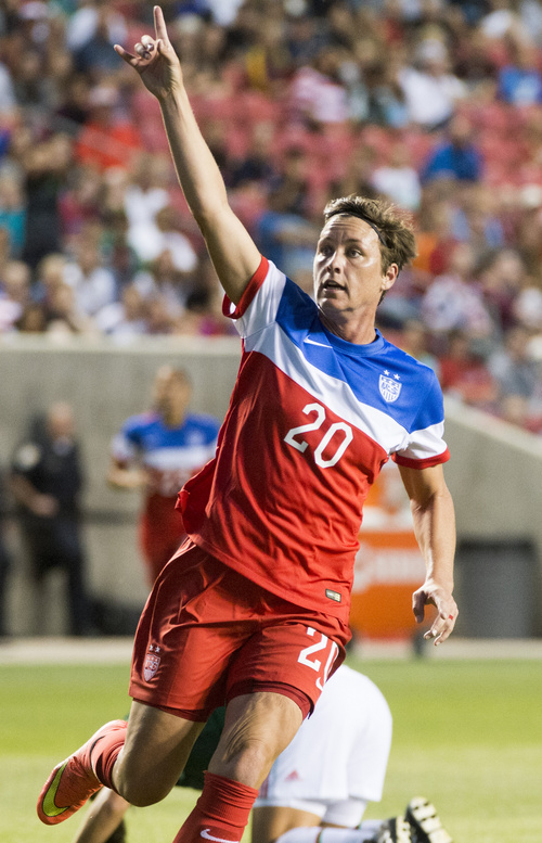 Rick Egan  |  The Salt Lake Tribune

USA's Abby Wambach (20) celebrates the first score by the U.S. Women, in Soccer action, U.S. Women's National Team, vs. Mexico, Saturday, September 13, 2014