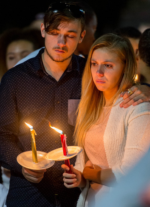 Trent Nelson  |  The Salt Lake Tribune
Chad Shennum and Bianca Kurzmann at a candlelight vigil Sunday September 14, 2014 for Darrien Hunt, who was shot and killed by Saratoga Springs police.