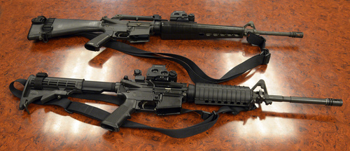 Rick Egan  |  The Salt Lake Tribune
An M-16, like the rifle seen at top in this file photo, went missing from the Davis County Sheriff's Office probably sometime before 2006, according to a report. The U.S. Department of Defense provided the rifle. At bottom is a civilian model AR-15.