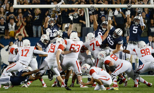 Steve Griffin  |  The Salt Lake Tribune


The BYU defense tries to block a Houston field goal in the second half of the  game between BYU and Houston and LaVell Edwards Stadium in Provo, Thursday, September 11, 2014.