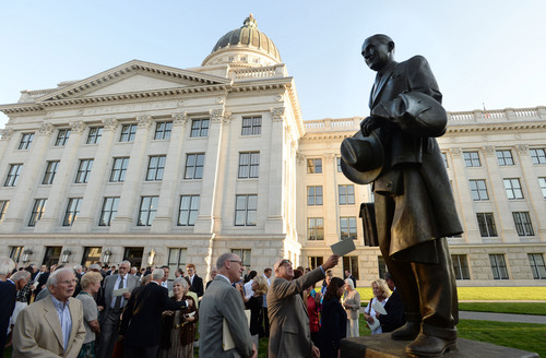 Steve Griffin  |  The Salt Lake Tribune


A statue of Marriner S. Eccles is unveiled during a program at the Utah State Capitol in Salt Lake City, Tuesday, September 16, 2014.  Marriner S. Eccles served as Chairman of the Federal Reserve Board from November 15, 1934, through April 14, 1948. He is widely credited for ensuring the central bank remained independent from political whims and private interests and for his policies that helped turn the corner from the Depression to a prospering country. The event marks the culmination of the Marriner S. Eccles Memorial Commission.