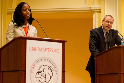 Trent Nelson  |  The Salt Lake Tribune
Utah 4th Congressional District Candidates Mia Love and Doug Owens debate at the annual Utah Taxes Now Conference at the Grand America Hotel in Salt Lake City Tuesday May 20, 2014.