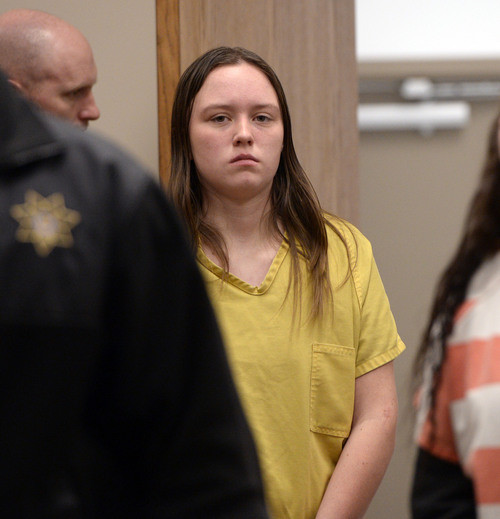Al Hartmann  |  The Salt Lake Tribune 
17-year-old Meagan Grunwald, who has been charged as an adult in the shootings of two Utah deputies, makes her first appearance in Judge Darold McDade's in Provo, Utah, on Monday, February 24, 2014.