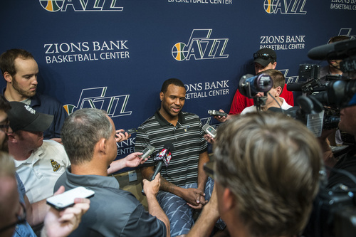 Chris Detrick  |  The Salt Lake Tribune
Utah Jazz's Trevor Booker talks to reporters during a press conference at the Zions Bank Basketball Center Tuesday July 22, 2014.