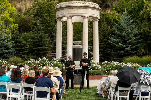 Trent Nelson  |  The Salt Lake Tribune
Percussionists Keith Carrick and Eric Hopkins perform at the Veterans Memorial in Memory Grove during Sunday in the Park, part of the NOVA Chamber Music Series, Sunday September 14, 2014.