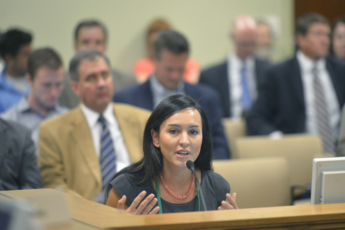 Chris Detrick  |  The Salt Lake Tribune
Marina Lowe, Legislative and Policy Counsel, American Civil Liberties Union of Utah, speaks during a Law Enforcement and Criminal Justice Interim Committee meeting about the Federal 1033 Program in the House Building Wednesday September 17, 2014.  The Federal 1033 Program distributes surplus military weapons and equipment to local law enforcement agencies.