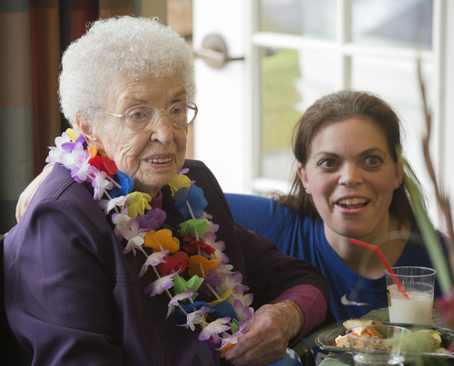 Steve Griffin  |  The Salt Lake Tribune


Lou Calder, a long-time resident at The Wellington Senior Living, talks with her oldest great granddaughter Adele Wood, during her 105th birthday celebration at the senior living center in Salt Lake City Wednesday, September 17, 2014.  Calder was celebrating her birthday during a Luau party at the center.  Calder was born in 1909 and grew up near Bear Lake, Utah, where she enjoyed golfing, sailing and raspberry milkshakes. Lou says longevity runs in her family and credits her long life to having a positive attitude and living a healthy lifestyle. She was also presented with birthday congratulation certificates from President Barack Obama and Governor Gary Herbert.