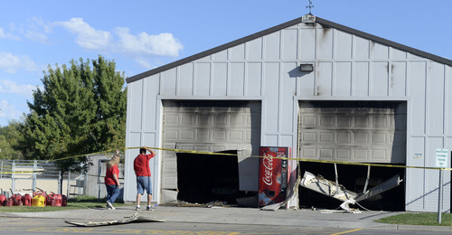 Al Hartmann  |  The Salt Lake Tribune
Fire damaged maintenance building on the grounds of the Weber County Fairgrounds Wednesday September 17.  It was estimated there was $500,000 in damage.