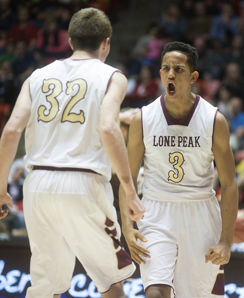 Keith Johnson | The Salt Lake Tribune

Lone Peak's Frank Jackson, right, celebrates with teammate Lone Peak's Jantzen Allphin after beating Davis in the Utah high school 5A semi-finals at the Huntsman Center in Salt Lake City, March 7, 2014. Bountiful advances to the final.