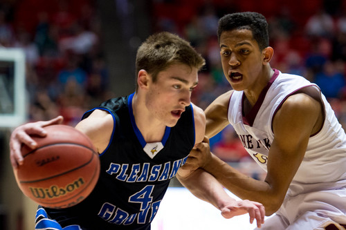 Trent Nelson  |  The Salt Lake Tribune
Pleasant Grove's 4, defended by Lone Peak's Frank Jackson as Lone Peak faces Pleasant Grove High School in the 5A state championship boys basketball game at the Huntsman Center in Salt Lake City, Saturday, March 8, 2014.