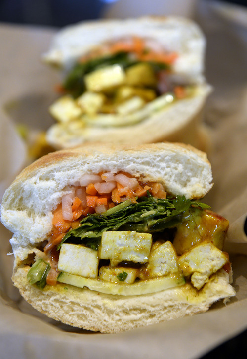 Al Hartmann  |  The Salt Lake Tribune
Organic tofu banh mi sandwich comes with chile-lime aioli, house hoisin and choice of vegetables and toppings at Zao Asian Cafe.