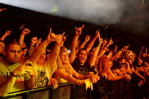 Steve Griffin  |  The Salt Lake Tribune


Fans rock out during the Five Finger Death Punch concert at the Maverik Center in West Valley City on Tuesday, Sept. 16, 2014. Nothing More, Hellyeah and Volbeat were openers.
