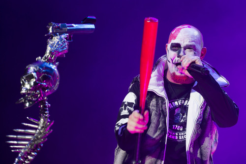Steve Griffin  |  The Salt Lake Tribune


 Vocalist Ivan Moody swings a bat as he performs during the Five Finger Death Punch concert at the Maverik Center in West Valley City on Tuesday, Sept. 16, 2014. Nothing More, Hellyeah and Volbeat were openers.