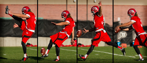 Trent Nelson  |  The Salt Lake Tribune
University of Utah punter Tom Hackett is at the forefront of an Australian punting revolution. In the photo sequence in this illustration, he executes the drop punt, or "Aussie-style" kick that is so effective and pinning opponents inside the 10-yard line. The photo sequence for this illustration was taken in Salt Lake City, Wednesday September 17, 2014.
