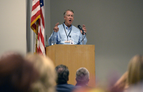 Al Hartmann  |  The Salt Lake Tribune
Sen. John Valentine, the major force behind Utah's liquor laws, speaks to members of the Utah Legislature and other policy makers at the Utah Alcohol Policy Summit Thursday Sept. 18, 2014, at the Utah State Capitol. It was the last time he got to address a legislative body as a state senator. He's retiring to head the state tax commission.