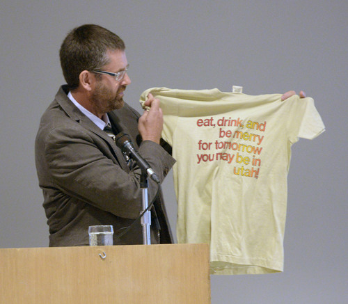 Al Hartmann  |  The Salt Lake Tribune
Dag Revke, with the World Health Organization, shows a popular T-shirt of the past making light of Utah's liquor laws. He got a few chuckles from members of the Utah Legislature and  policy makers attending the Utah Alcohol Policy Summit Thursday Sept. 18, 2014.