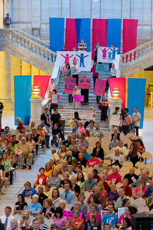 Trent Nelson  |  The Salt Lake Tribune
Traditional marriage supporters filled the Capitol Rotunda during a rally in Salt Lake City, Thursday September 18, 2014.