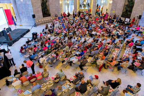 Trent Nelson  |  The Salt Lake Tribune
Traditional marriage supporters filled the Capitol Rotunda during a rally in Salt Lake City, Thursday September 18, 2014.