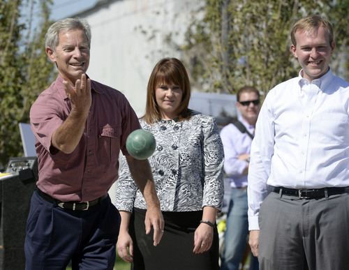 Al Hartmann  |  The Salt Lake Tribune
Salt Lake City Mayor Ralph Becker, left, South Salt Lake Mayor Cherie Wood and Salt Lake County Mayor Ben McAdams, mark the completion of Utah's first ever multi-modal recreation corridor thowing out the first bocce balls during a Grand Opening September 19 near the 600 East crossing.
The S-Line Greenway is a mile-long green space from 500 East to McClelland Street that includes the S-Line streetcar, public plazas, art, walking paths, a bocce court and a new segment of Parley's Trail.