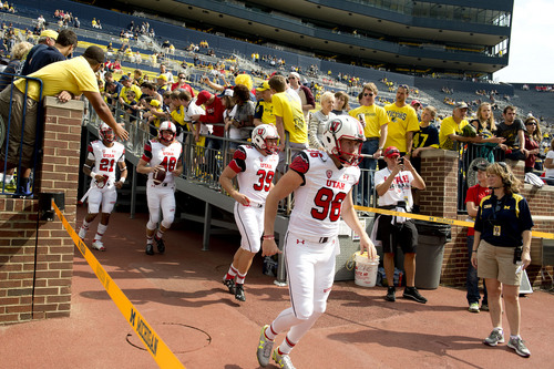 Jeremy Harmon  |  The Salt Lake Tribune

Utah players take the field before the Utes face the Wolverines in Ann Arbor, Saturday, Sept. 20, 2014.