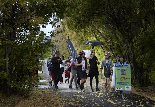 Scott Sommerdorf   |  The Salt Lake Tribune
Participants begin the walk to Main Street in Park City during the second annual "Walk a Mile in Her Shoes® Park City" in Park City, Sunday, September 21, 2014.