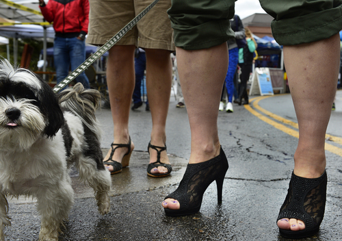 Scott Sommerdorf   |  The Salt Lake Tribune
Participants in the second annual "Walk a Mile in Her Shoes® Park City" stop on Main Street to wait for others, Sunday, September 21, 2014.