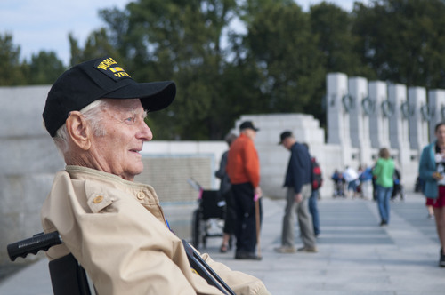 Noel St. John  |  Special to the Tribune
Lavoy Christensen, 87, looks on at the World War II
Memorial in Washington as part of Utah's third Honor Flight for
veterans. Christensen served in the Navy during World War II. Friday, Sept. 19, 2014.
