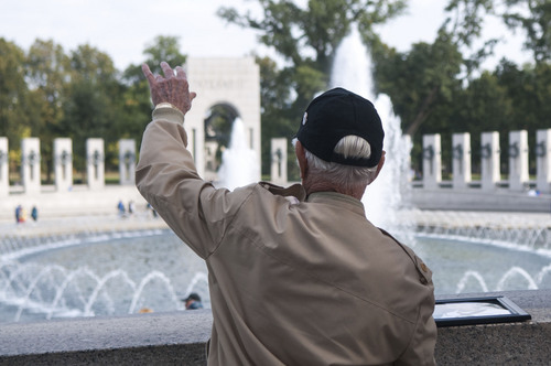 Noel St. John  |  Special to the Tribune
Lavoy Christensen, 87, looks on at the World War II
Memorial in Washington as part of Utah's third Honor Flight for
veterans. Christensen served in the Navy during World War II. Friday, Sept. 19, 2014.