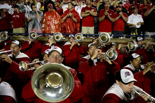 Jeremy Harmon  |  The Salt Lake Tribune

The Utah marching band plays at the end of a two-hour-twenty-four-minus delay as the Utes face the Wolverines in Ann Arbor, Saturday, Sept. 20, 2014.
