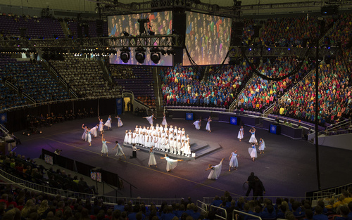 Rick Egan  |  The Salt Lake Tribune

Hundreds of LDS youth perform in the Dee Events Center for the Youth Cultural Celebration in anticipation tomorrow's Ogden Temple dedication, Saturday, September 20, 2014. Approximately 8000 LDS youth performed in each of the celebrations on Saturday.