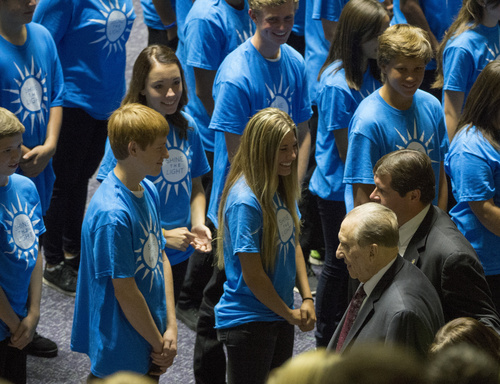 Rick Egan  |  The Salt Lake Tribune

Thomas S. Monson, President of the Church of Jesus Christ of Latter Day Saints, enters the Dee Events Center for the Youth Cultural Celebration in anticipation tomorrow's Ogden Temple dedication, Saturday, September 20, 2014