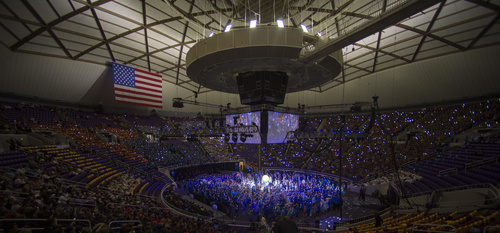 Rick Egan  |  The Salt Lake Tribune

Approximately 8000 LDS youth perform at the Dee Events Center for the Youth Cultural Celebration in anticipation tomorrow's Ogden Temple dedication, Saturday, September 20, 2014