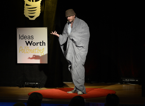 Scott Sommerdorf   |  The Salt Lake Tribune
Brian Higgins began his Ted Talk with some performance art as a homeless person, as he spoke at The Leonardo during the Salt Lake City TEDx event, Saturday, September 20, 2014.