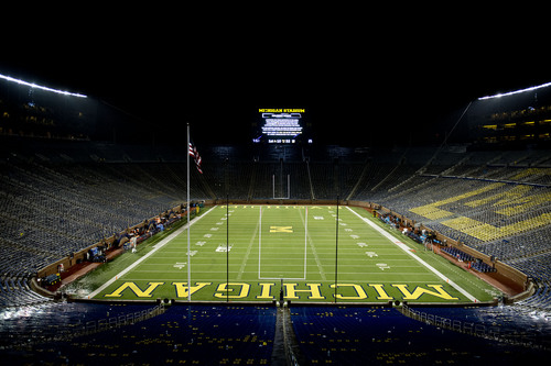 Jeremy Harmon  |  The Salt Lake Tribune

Michigan Stadium is empty during a two-hour-twenty-four-minute delay because of bad weather during the Utah Michigan game in Ann Arbor, Saturday, Sept. 20, 2014.