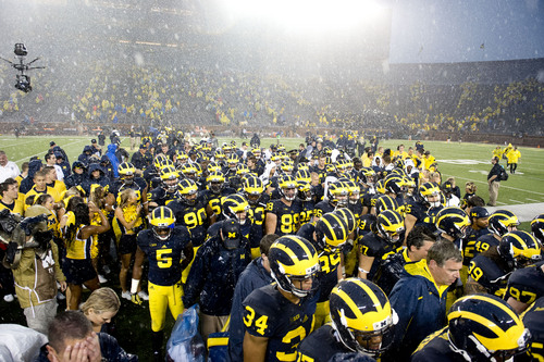 Jeremy Harmon  |  The Salt Lake Tribune

Michigan leaves the field in the fourth quarter after the game was suspended due to bad weather as the Utes face the Wolverines in Ann Arbor, Saturday, Sept. 20, 2014.