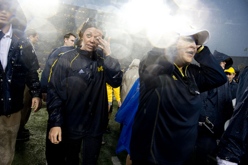 Jeremy Harmon  |  The Salt Lake Tribune

Michigan fans leave the stadium after the game was suspended due to bad weather as the Utes face the Wolverines in Ann Arbor, Saturday, Sept. 20, 2014.