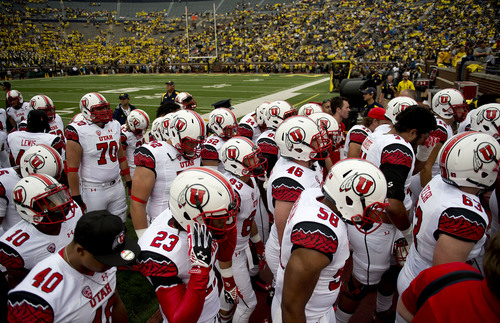 Jeremy Harmon  |  The Salt Lake Tribune

Utah heads to the locker room as they get ready to face the Wolverines in Ann Arbor, Saturday, Sept. 20, 2014.