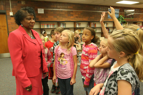 Paul Fraughton  |  The Salt Lake Tribune 
Dr. Joyce Gray answers questions from a small group of students after her presentation at  Horizon Elementary School in Murray. Dr. Gray is one of hundreds of African American "history makers" speaking at schools across the country as part of an effort to share African American history with students.
  Friday, September 23, 2011