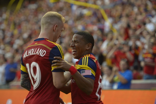 Rick Egan  |  The Salt Lake Tribune

Real Salt Lake midfielder Luke Mulholland (19) congratulate Joao Plata (8) after Plata's goal in the first period for Salt Lake, in MLS action, Real Salt Lake vs. The Colorado Rapids, at Rio Tinto Stadium, Saturday, May 17, 2014.