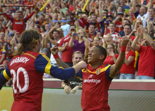 Rick Egan  |  The Salt Lake Tribune


Real Salt Lake midfielder Ned Grabavoy (20) celebrates with Real forward Joao Plata (8) after Plata's goal in the first period for Salt Lake, in MLS action, Real Salt Lake vs. The Colorado Rapids, at Rio Tinto Stadium, Saturday, May 17, 2014.
