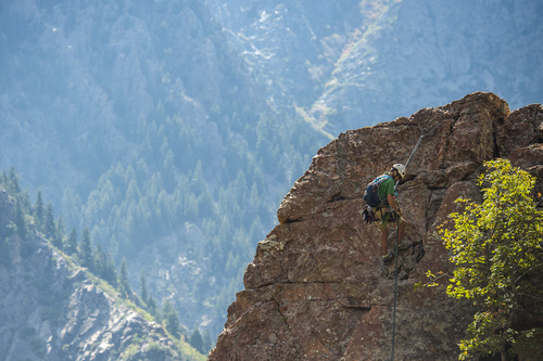 Chris Detrick  |  The Salt Lake Tribune
Utah Mountain Adventures guide Tyson Bradley rappels down a 5.4 rated route on Reservoir Ridge in Big Cottonwood Canyon Tuesday September 23, 2014.