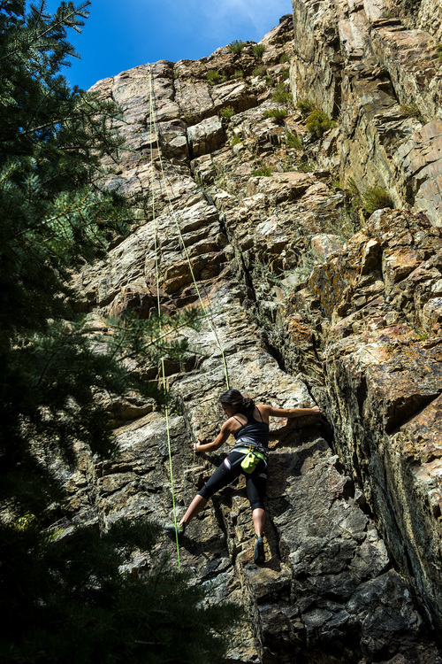 Chris Detrick  |  The Salt Lake Tribune
Westminster College sophomore Tiffany Perry climbs a route near Storm Mountain in Big Cottonwood Canyon Tuesday September 23, 2014.