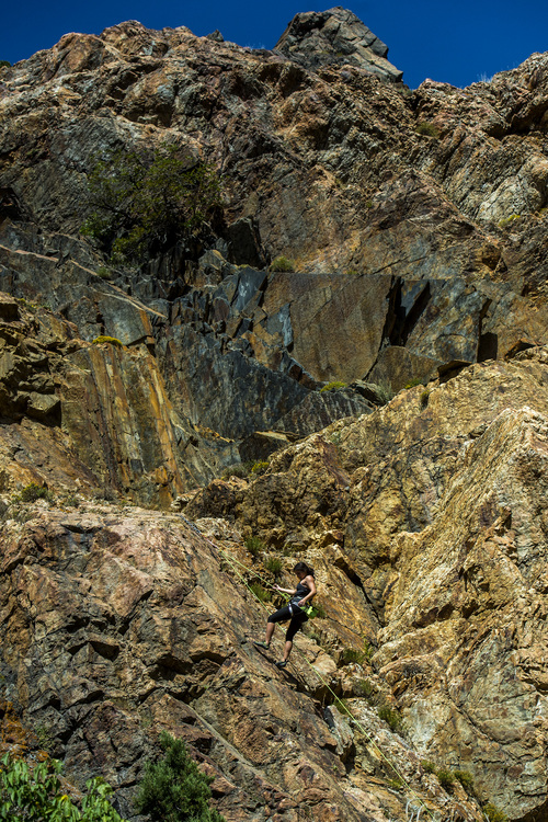 Chris Detrick  |  The Salt Lake Tribune
Westminster College sophomore Tiffany Perry rappels down a route near Storm Mountain in Big Cottonwood Canyon Tuesday September 23, 2014.